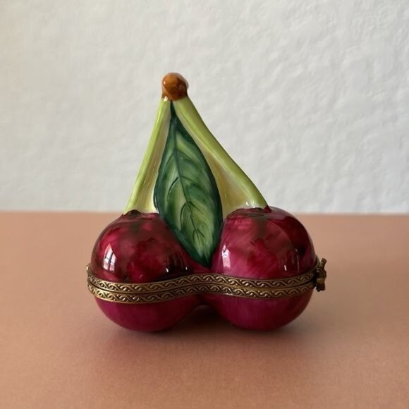 Limoges France Hand Painted Porcelain Cherries Trinket Box - Picture 5 of 11